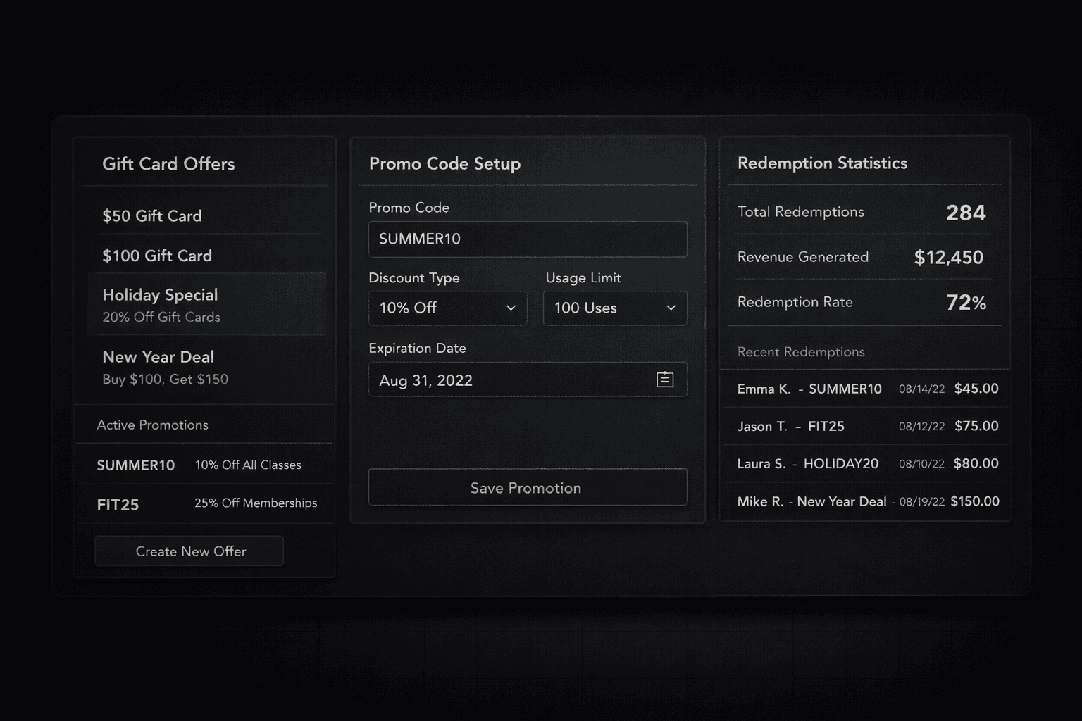 Gift Cards & Discount Codes interface preview