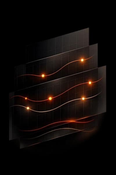 Abstract portrait composition of layered retention charts and member signal patterns for a gym retention dashboard