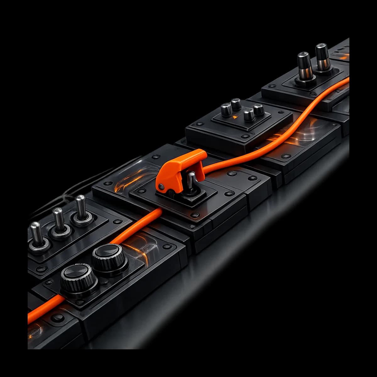 A premium dark graphite mechanical switchboard with one Gymizen-orange safety latch indicating approvals before automations execute