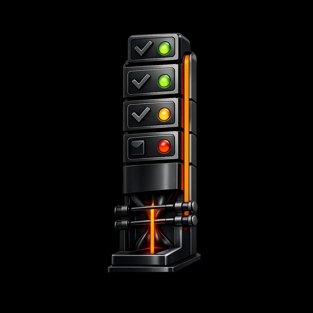 A premium dark graphite hourglass-shaped valve controlling flow, with a single Gymizen-orange path indicating controlled access to capacity