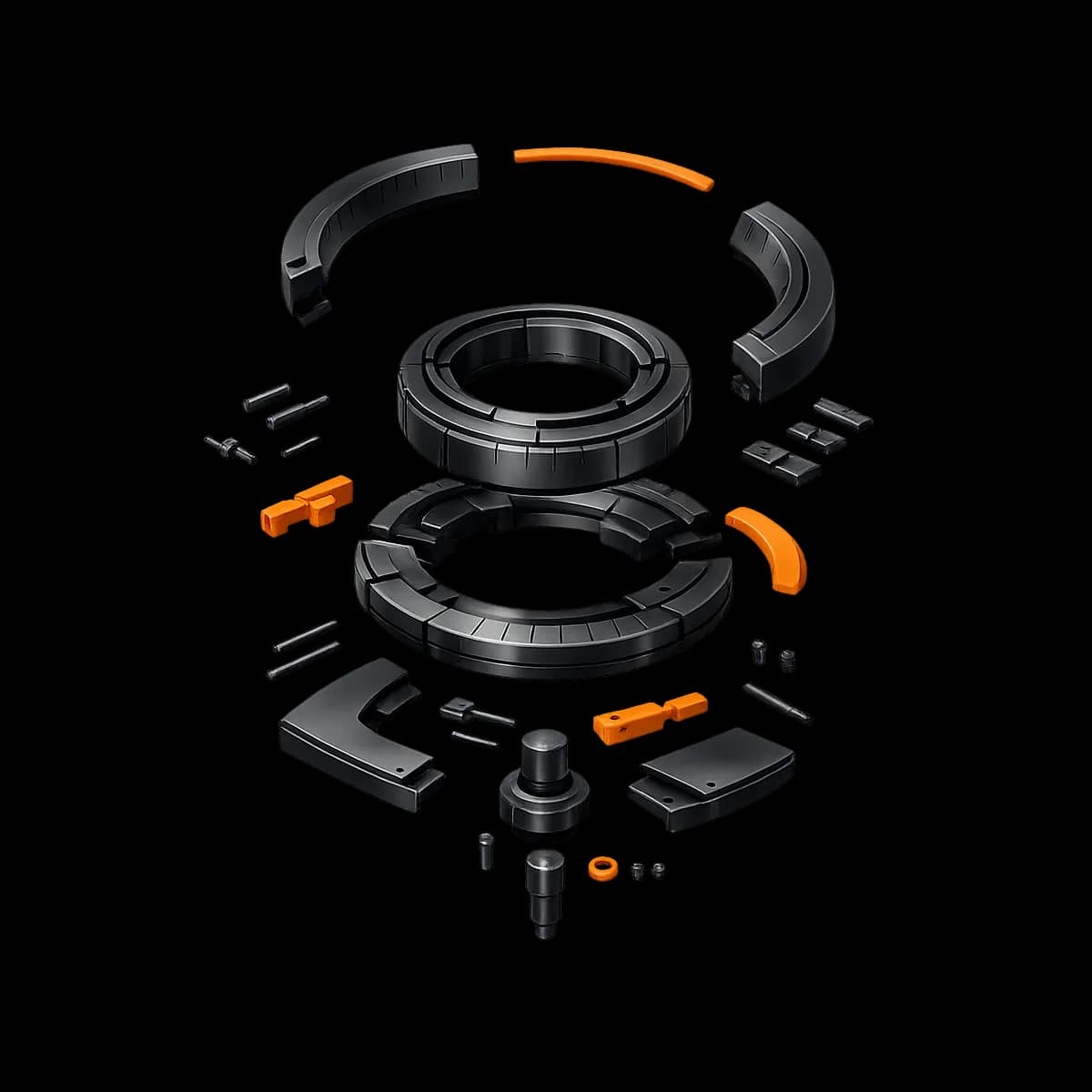 A flywheel-like mechanical ring with a single orange path indicating a repeatable capacity system for boutique fitness operations