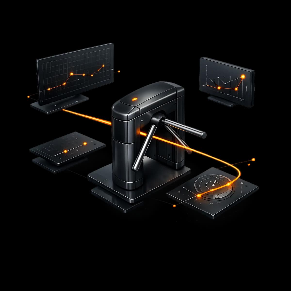 A premium dark graphite 3D turnstile gate with a single Gymizen-orange pathway line threading through it, representing controlled entry and attendance workflows.