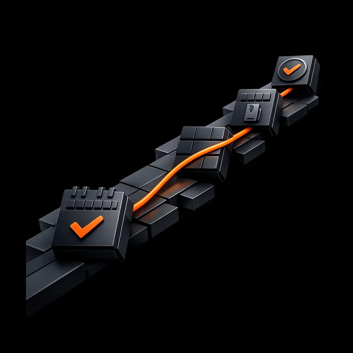 A premium dark graphite 3D calendar grid with a single Gymizen-orange path connecting check-in and attendance nodes