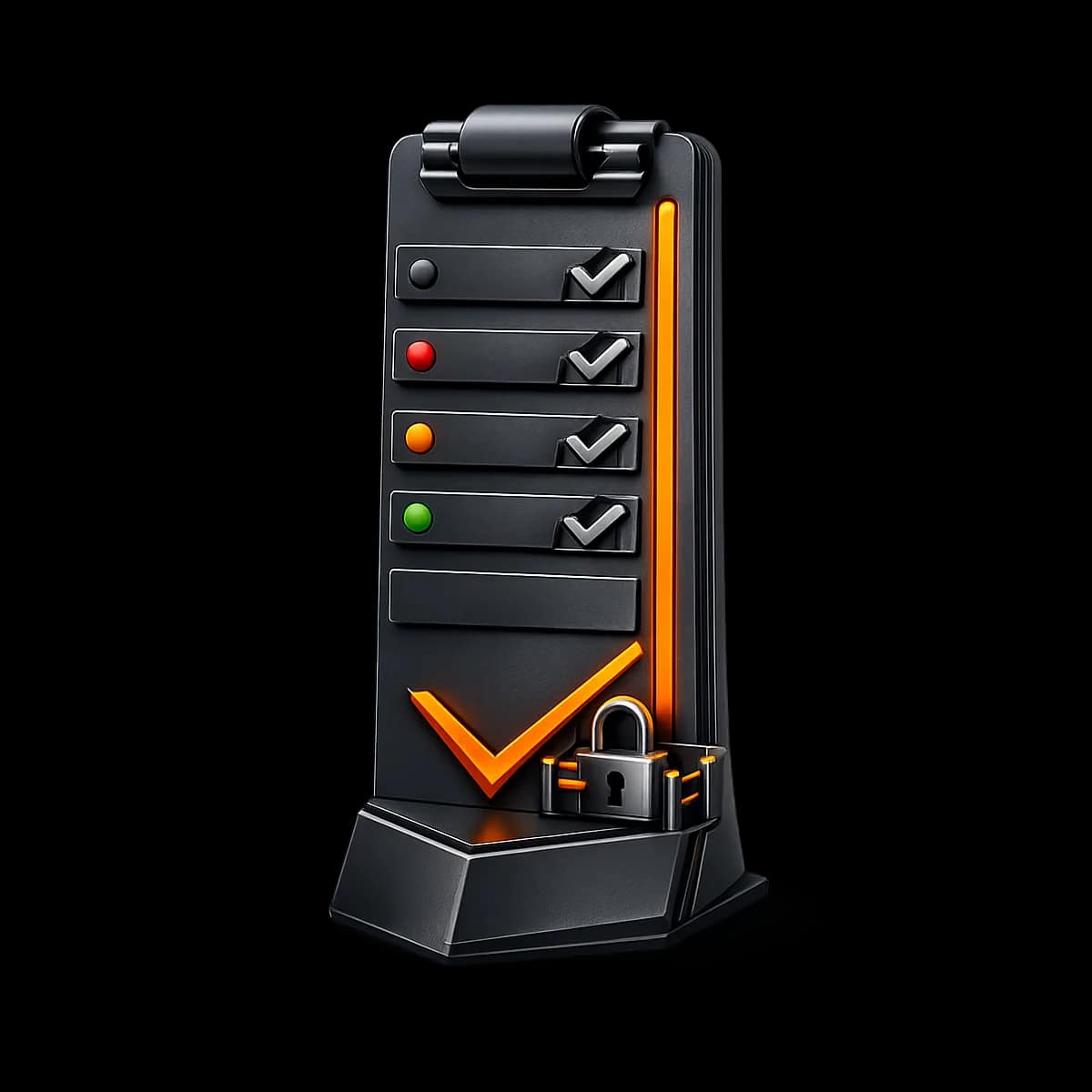 A premium dark graphite 3D clipboard with a single Gymizen-orange checkmark path flowing into a small locked gate icon, representing approval-gated attendance and follow-up workflow.