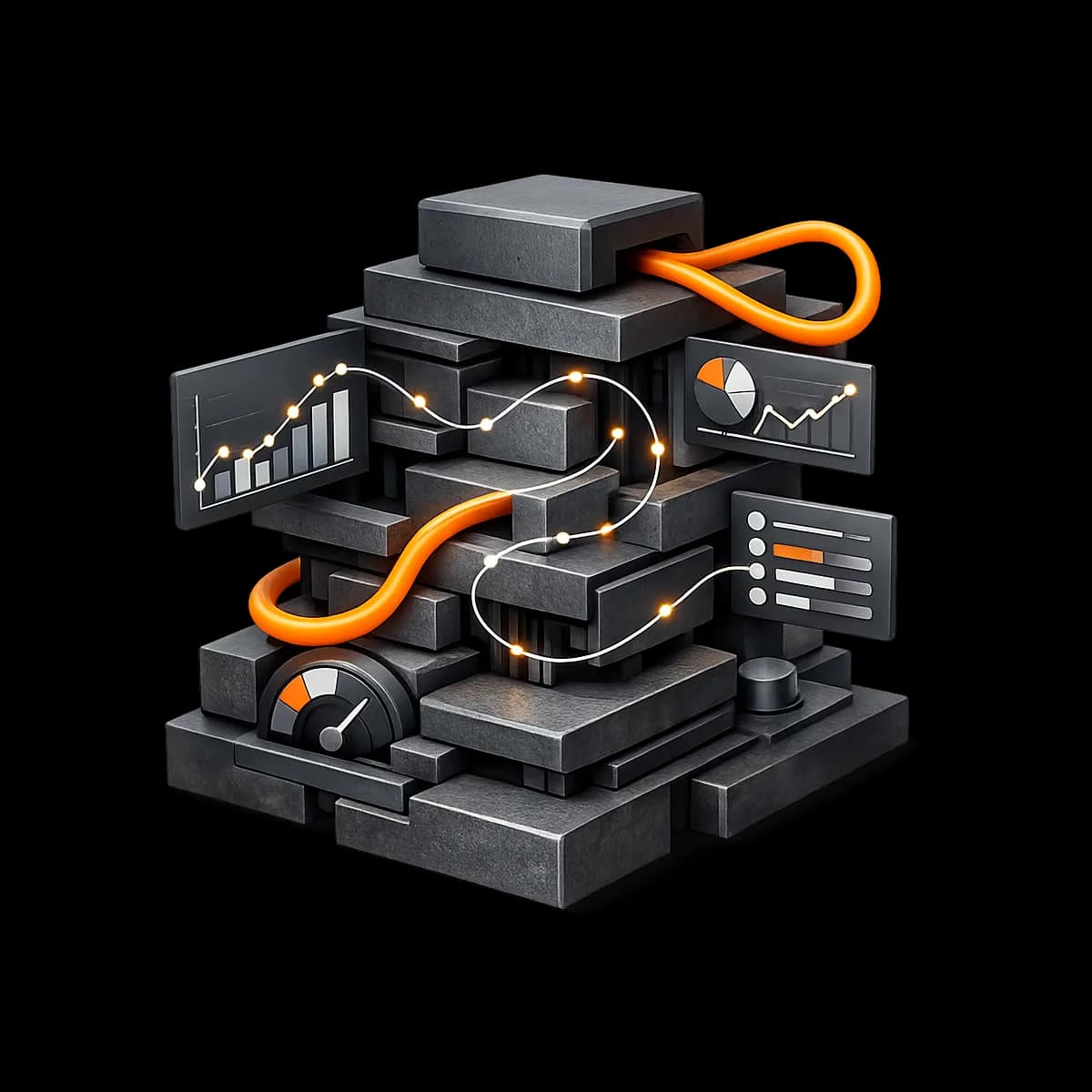 Abstract 3D operational sculpture representing payment recovery workflow with a single orange signal path