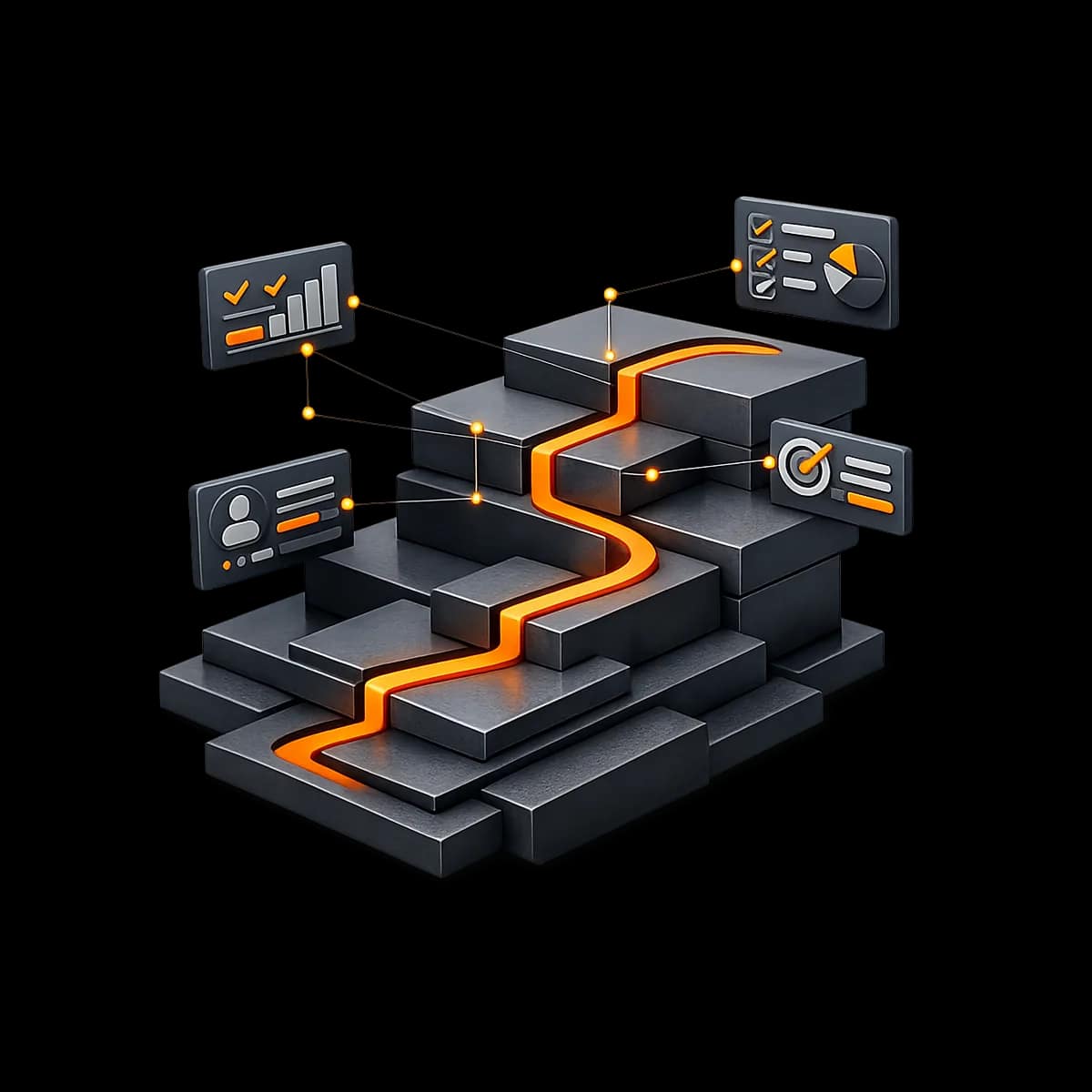 Abstract 3D sculptural onboarding pathway with layered dark slabs and a single orange signal line indicating member progression checkpoints.