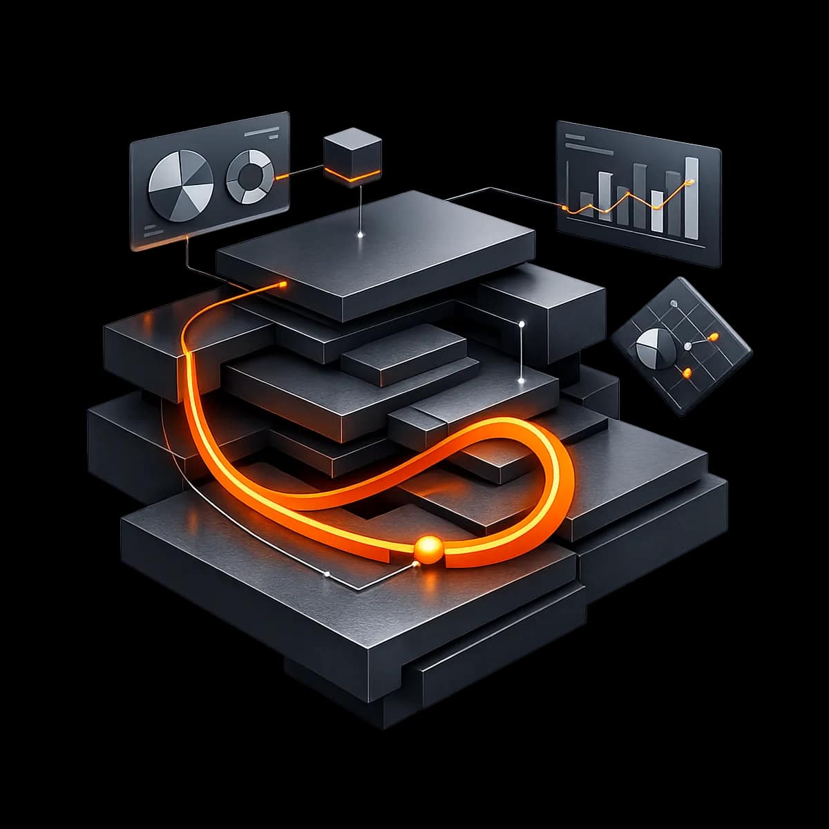 Abstract 3D sculptural object representing a retention workflow: layered graphite slabs with floating dashboard fragments and a single orange path line connecting states.