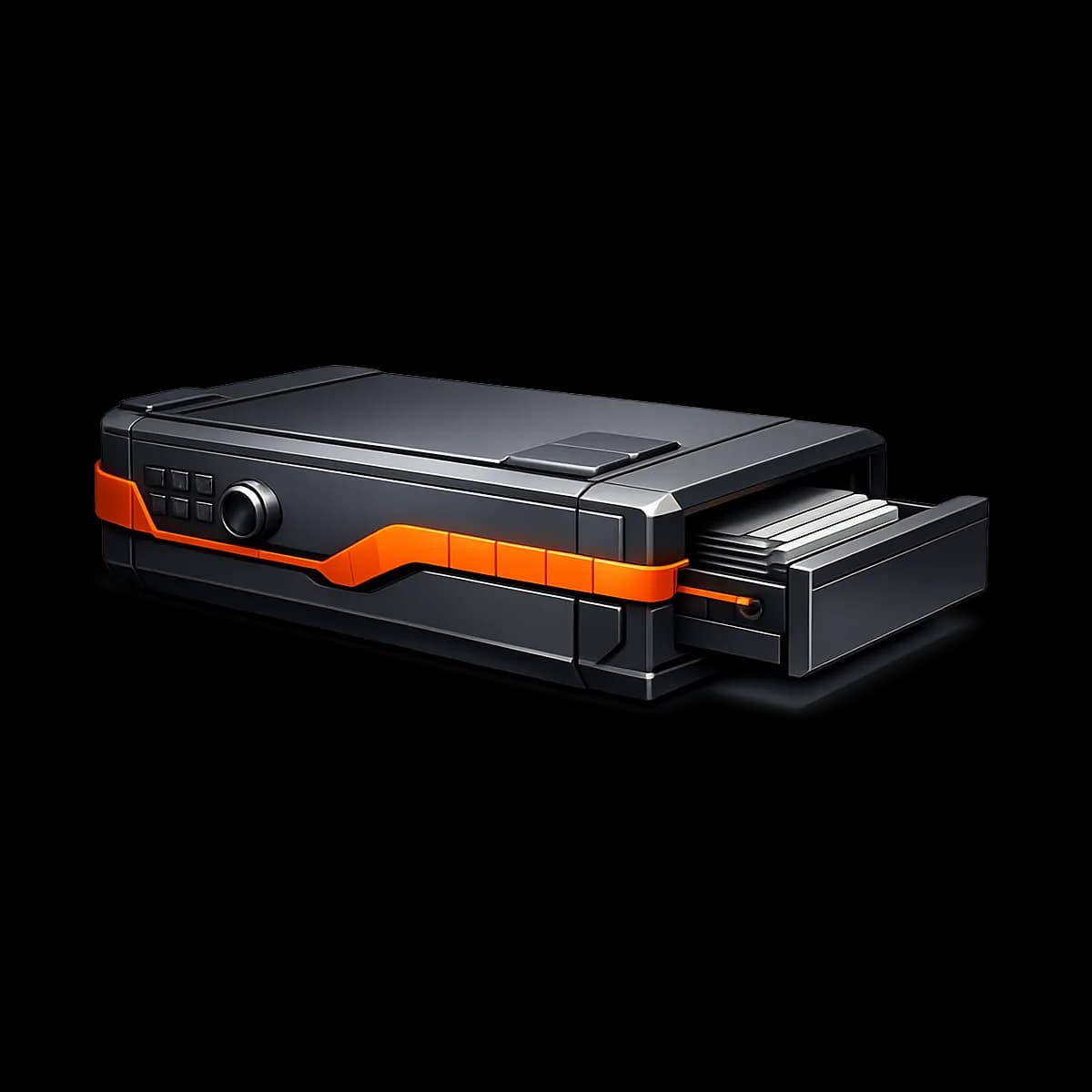 A premium dark graphite 3D lockbox with a single Gymizen-orange checklist strip, symbolizing approval-gated closeout controls
