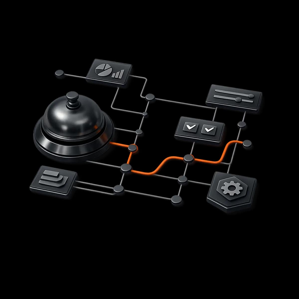 A premium dark graphite 3D concierge bell with a single Gymizen-orange path line routing into labeled nodes representing check-in, exceptions, and approvals on a transparent background