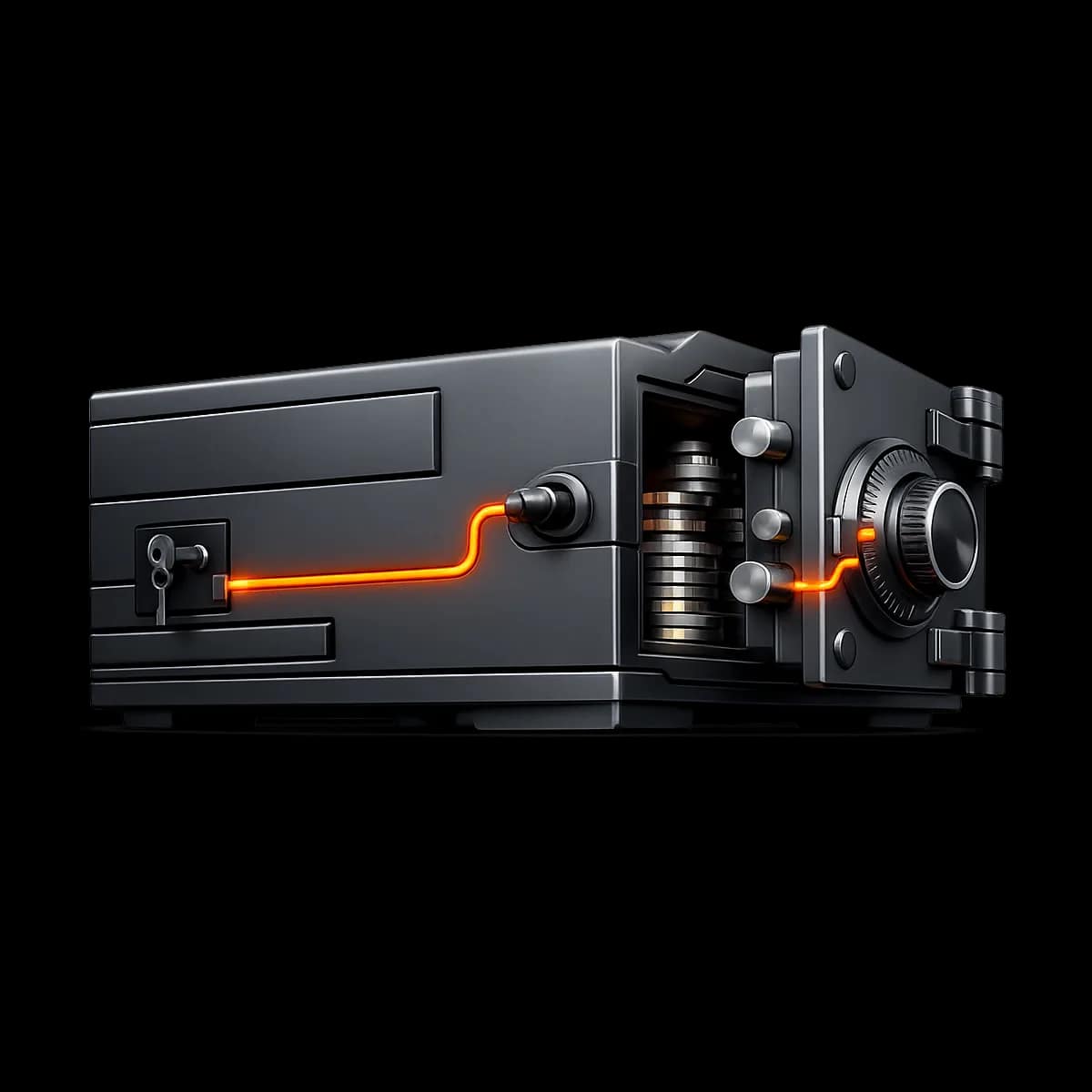 A premium dark graphite 3D safe with a single Gymizen-orange dial path suggesting controlled approvals for billing actions