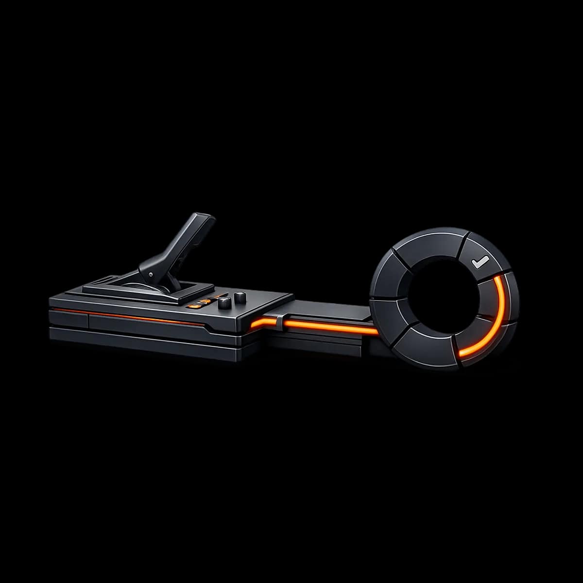 A precision switch lever with one orange pathway indicating controlled go-live cutover with approval gates