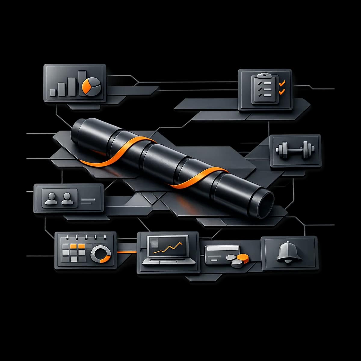 A premium dark graphite 3D relay baton passing through four stages, with a single Gymizen-orange accent path indicating a 14-day rollout sequence on a transparent background.
