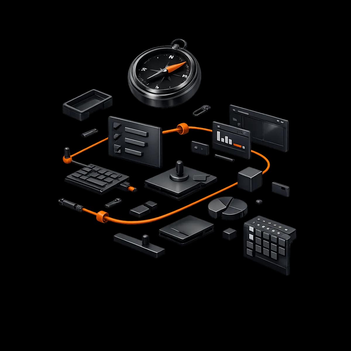 A premium dark graphite 3D compass and checklist card with a single orange path indicating a clean setup route