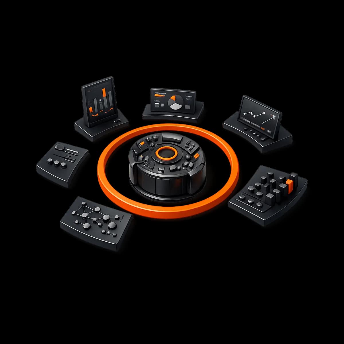 A premium dark graphite 3D domino path with one restrained orange segment indicating the policy ‘ladder’ that guides member behavior