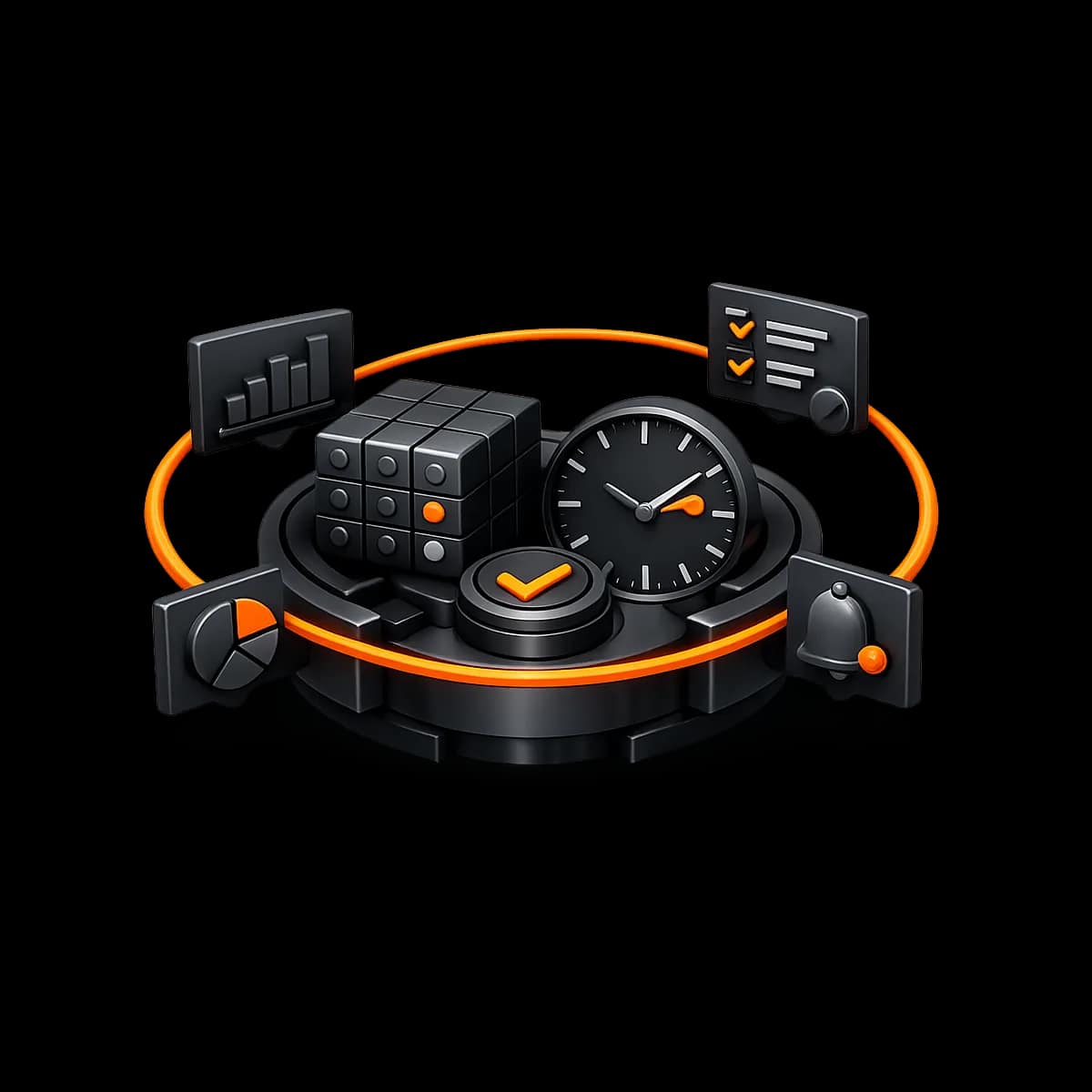 A premium dark graphite 3D calendar cube with a single orange path connecting a clock and a checkmark, representing appointment scheduling and approval-gated workflows.