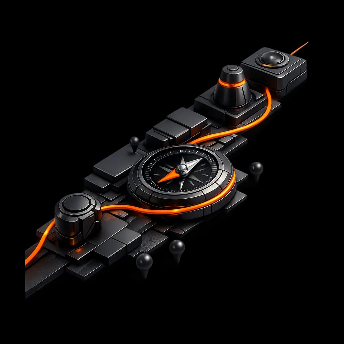 A premium dark graphite 3D compass with a single Gymizen-orange path marking a guided rollout route on a transparent background