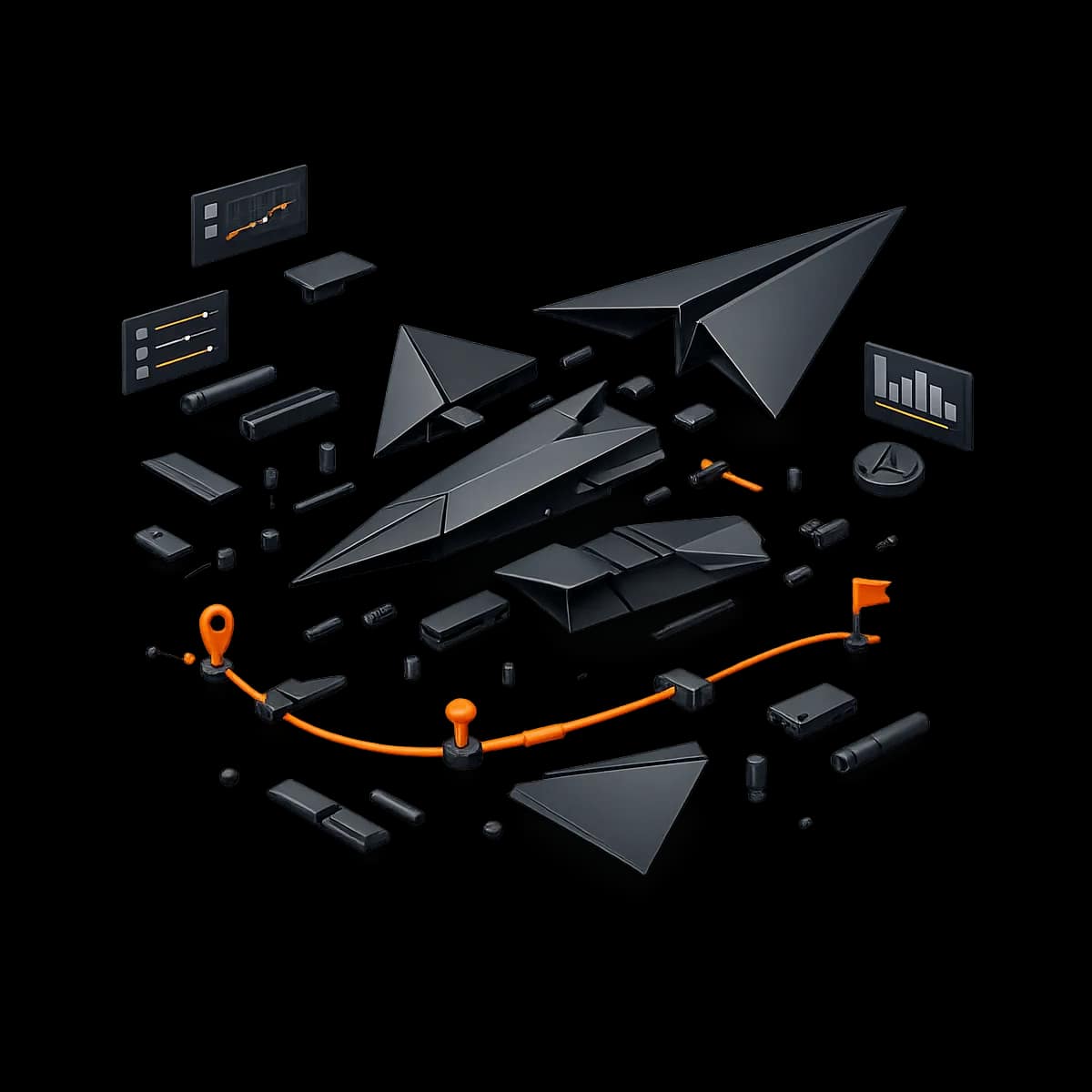 A premium dark graphite 3D paper airplane with a single Gymizen-orange flight path looping through three checkpoints, symbolizing a controlled 21-day member app rollout plan.