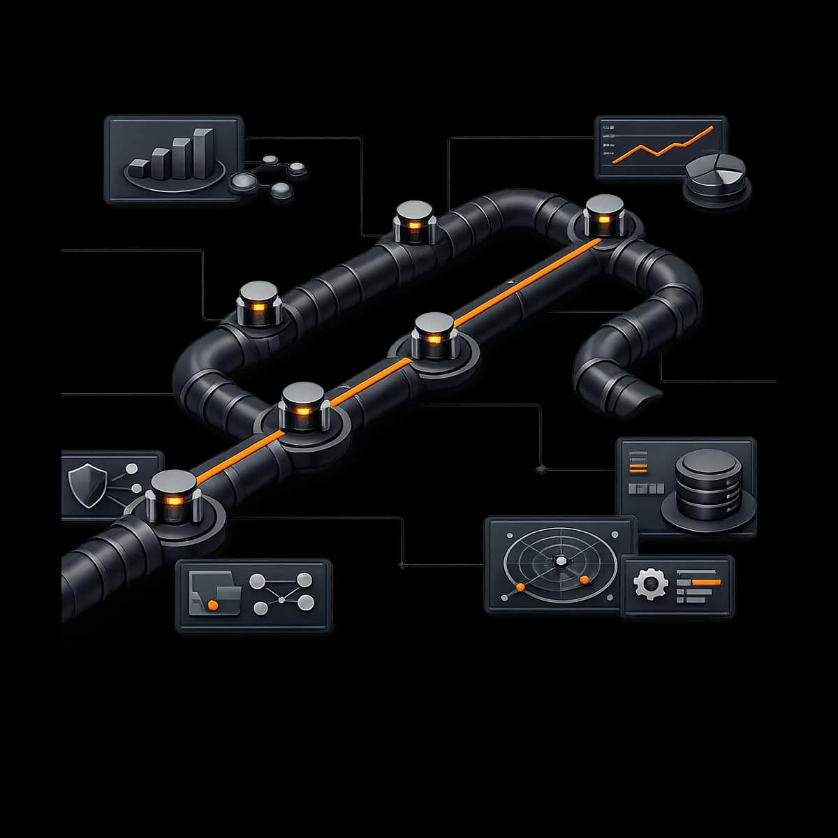 A secure transfer pipeline with checkpoints, representing a structured data migration cutover into Gymizen.