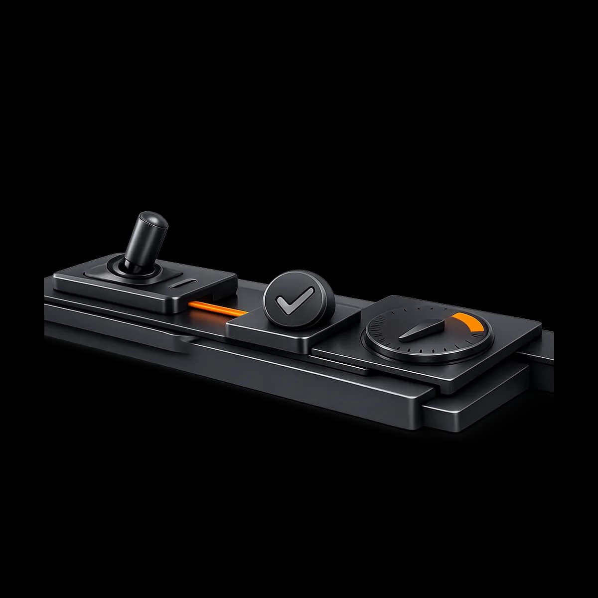 A premium dark graphite 3D toggle switch set to pause with a single Gymizen-orange approval path leading to a checkmark stamp, representing approval-gated member holds and reactivations.