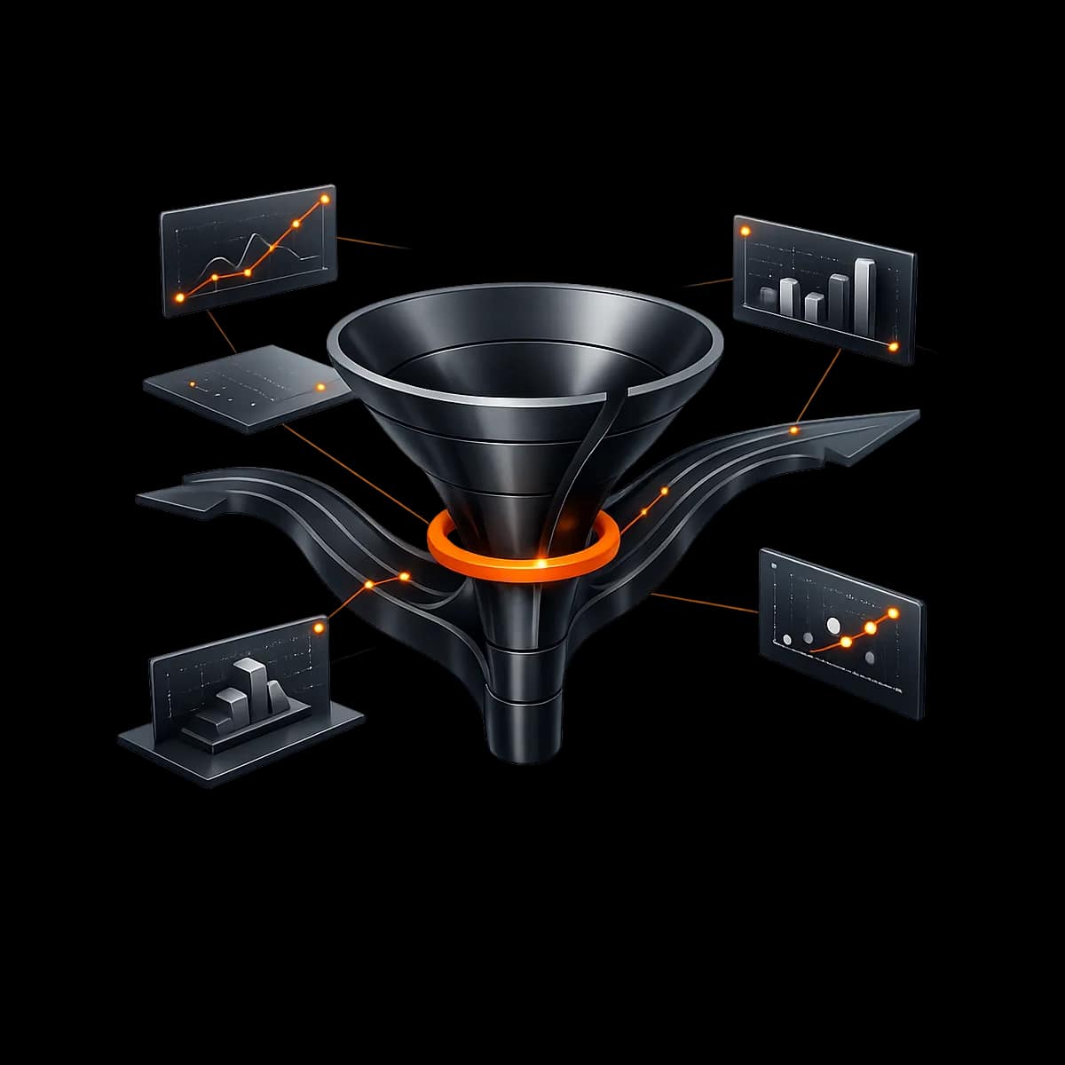 A premium dark graphite 3D funnel and branching path with one Gymizen-orange approval checkpoint, representing member lifecycle segmentation and gated workflows.