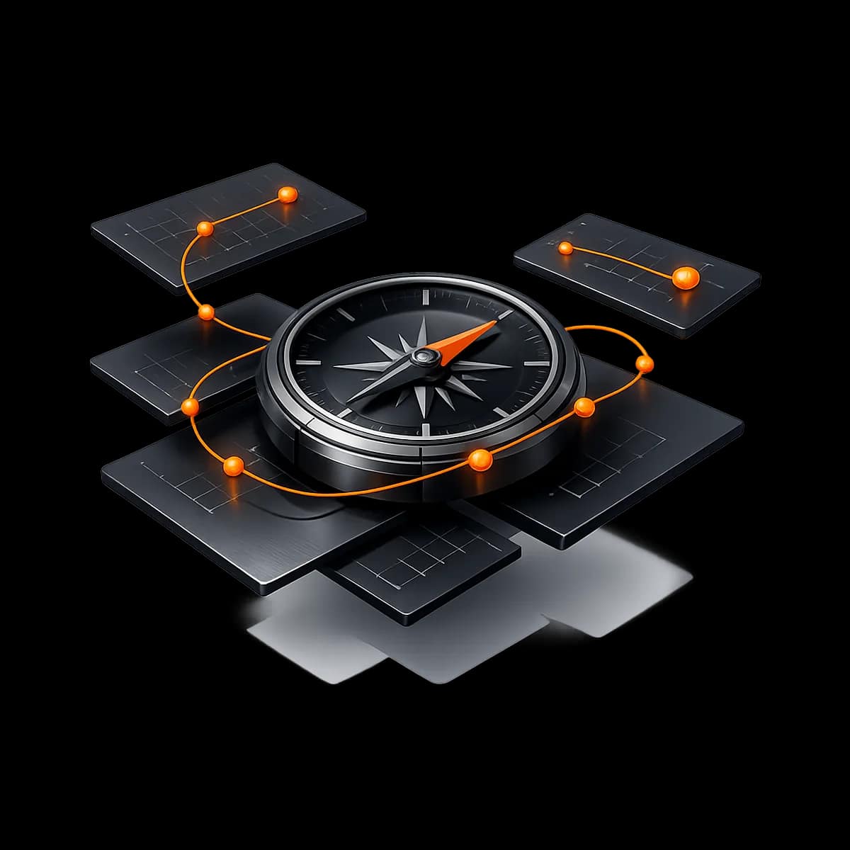 A premium dark graphite 3D compass with a single Gymizen-orange path showing a guided member journey and retention touchpoints.
