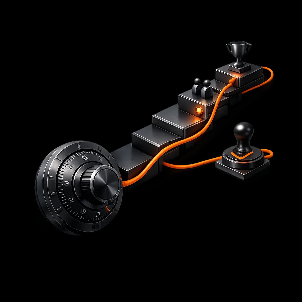 A premium dark graphite 3D vault dial connected to a segmented membership ladder, with one Gymizen-orange approval path highlighting controlled billing changes