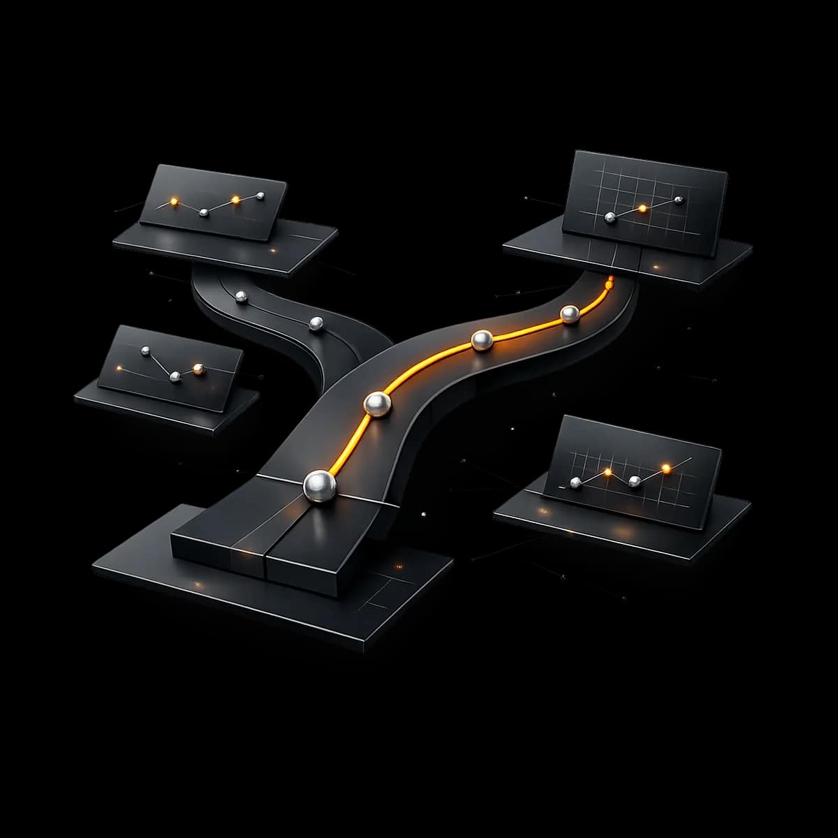 A premium dark graphite 3D branching path with one orange route splitting into two, representing multi-location rollout with controlled configuration.