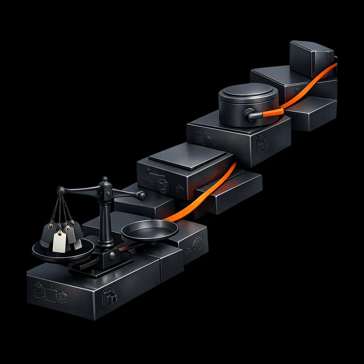 A precision scale balancing a stack of price tags with a single orange control lever, representing approval-gated pricing and checkout controls