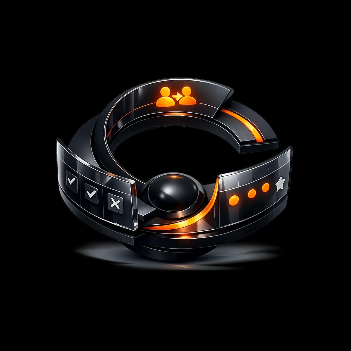 A premium dark graphite flywheel with a single Gymizen-orange track segment indicating momentum and repeatable growth, on a transparent background.