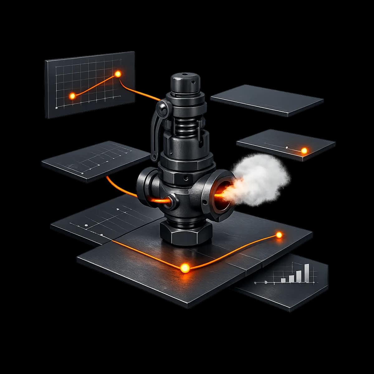 A dark graphite 3D safety valve with a single orange pressure line, representing controlled service recovery and approval gates in gym operations.