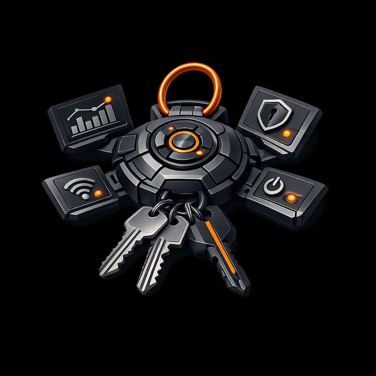 A secure keyring with four distinct keys, one highlighted in Gymizen orange, representing role-based staff access and approval gates.