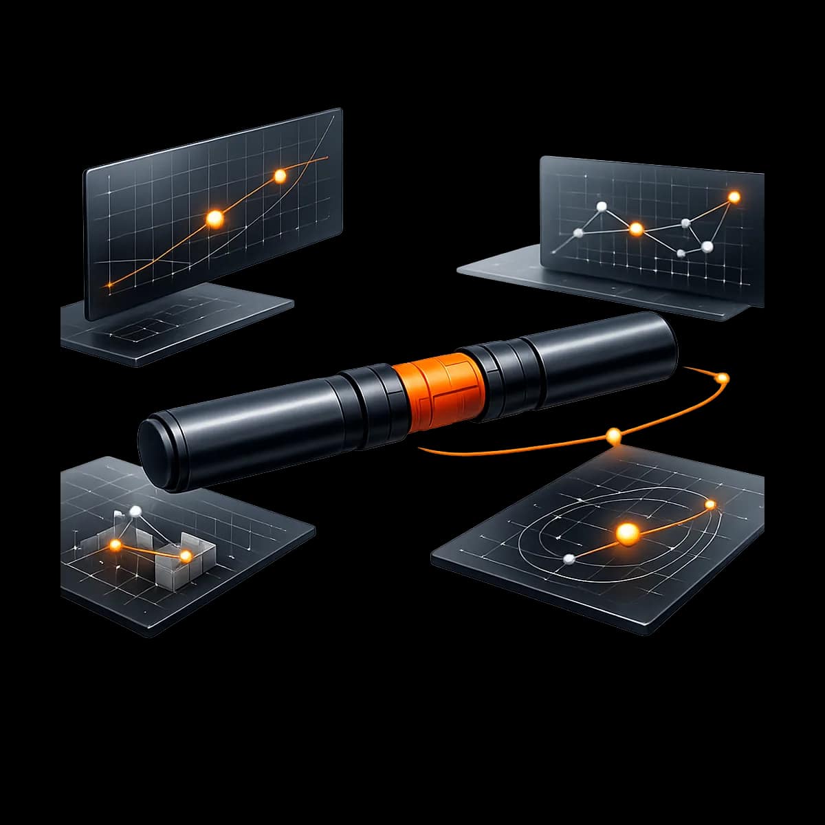 A modular relay baton with detachable segments and one subtle orange connection point, symbolizing reliable coach handoffs and substitution coverage
