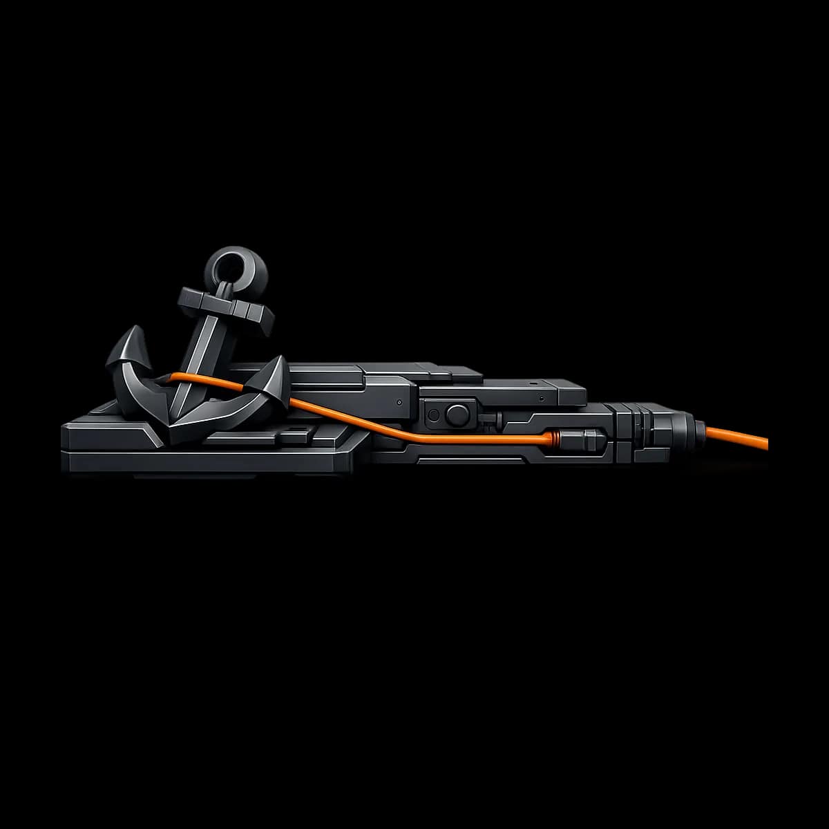 A graphite 3D anchor weight with a single orange tether line, symbolizing commitment and retention with controlled flexibility