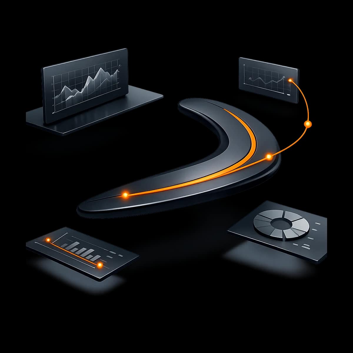 A premium dark graphite 3D boomerang-like loop with a single orange path returning to the start, representing a winback system.