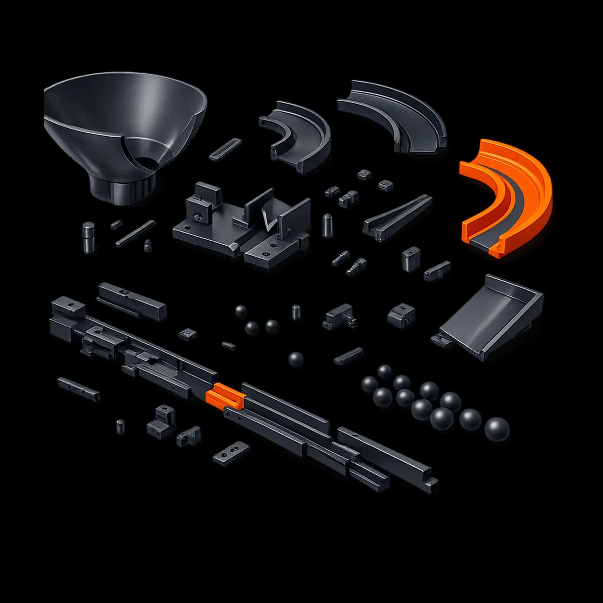 A premium dark graphite 3D funnel-like mechanism guiding small spheres into a stable track with one subtle Gymizen-orange path accent on a transparent background