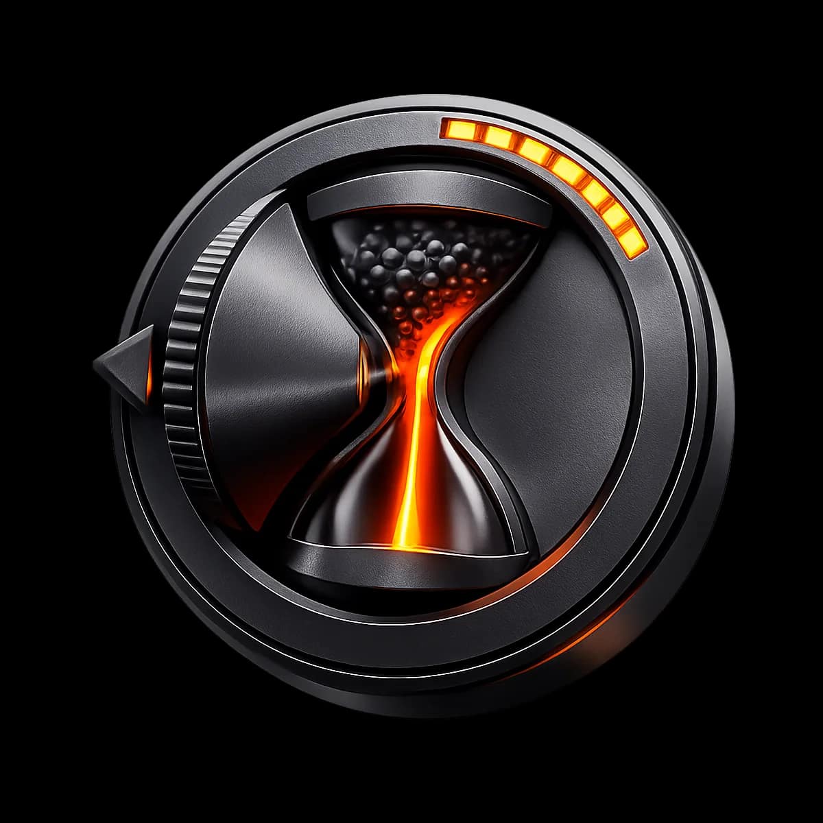 A dark graphite 3D hourglass-shaped valve with a thin orange flow path moving from a crowded chamber to an empty chamber, symbolizing shifting demand to close the utilization gap.