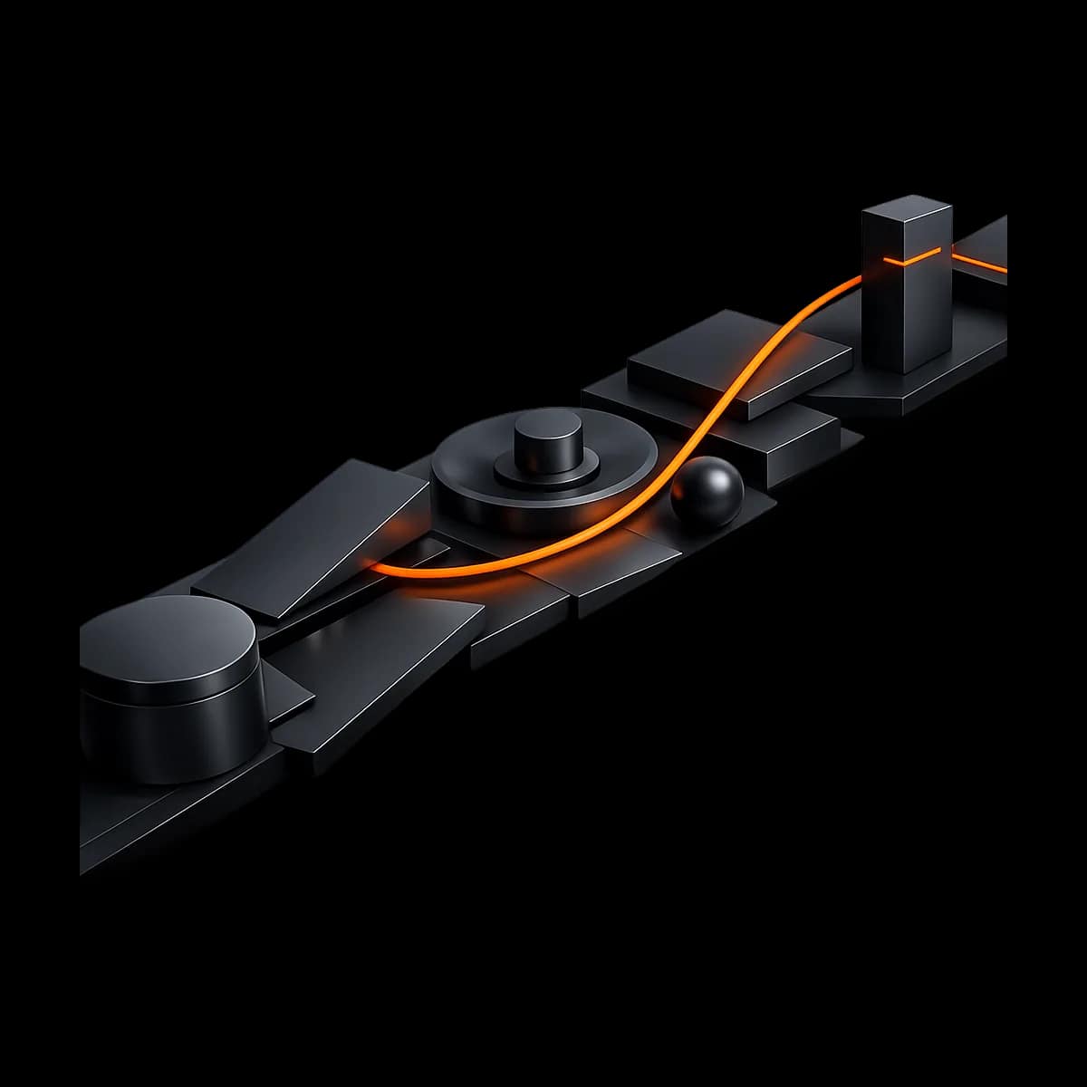 A premium dark graphite 3D boomerang arcing back toward a minimal target ring, with a single Gymizen-orange accent path on a transparent background.