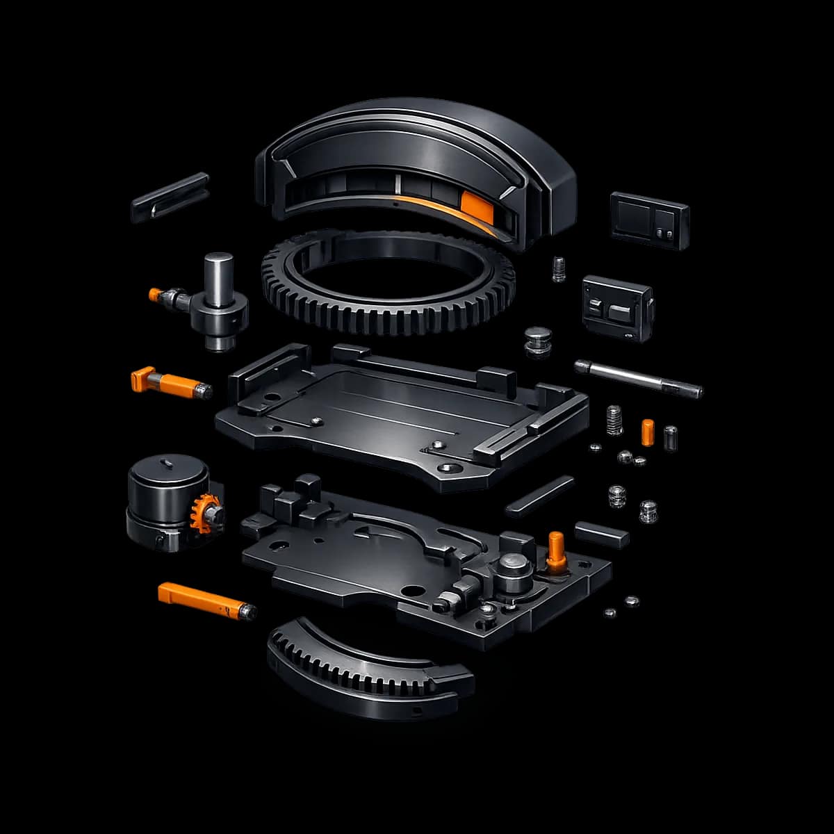 A premium dark graphite 3D mechanical timer window with a single Gymizen-orange arc tracing the win-back period, isolated on a transparent background.